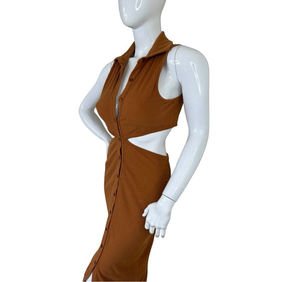 EMORY PARK BUTTON FRONT CUT OUT MIDI SUNDRESS MID SKIRT RIBBED BODYCON STRETCH L - Picture 9 of 17